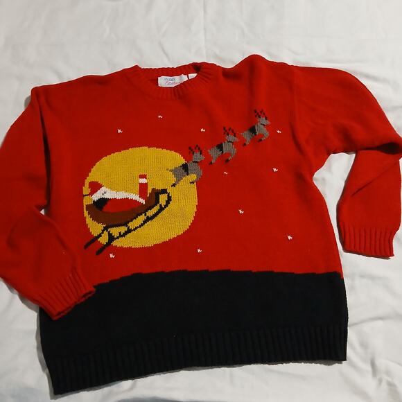 VTG AVON Fashions Women's Med Santa w/Sleigh Sweater Red/Black Ribbed Crew Neck - Picture 7 of 14